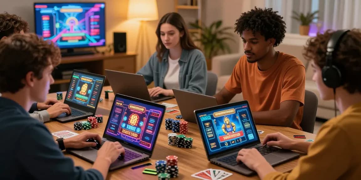 Players enjoying interactive gaming at credit card casinos with laptops and tablets during a lively group session.