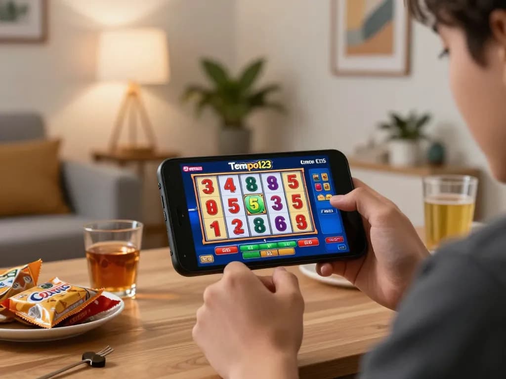 Permainan mobile yang menarik dengan gulungan slot ditampilkan, menyoroti Tempo123 Link.
