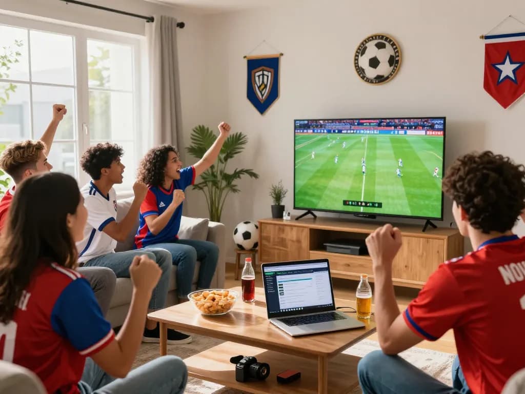 Football fans enjoying a live match with updates from Now Goal, celebrating teamwork and excitement.