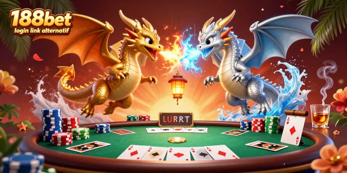 Permainan kasino 188bet login link alternatif dengan naga 3D, kartu poker, dan chip poker yang kaya warna.