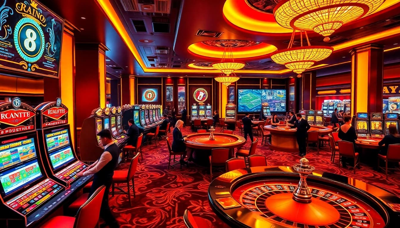 Exciting casino scene at 8DAY, featuring players at poker tables and glamorous slot machines.