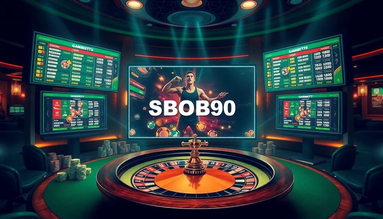 SBOBET90 online betting interface showcasing poker chips and a roulette wheel in a luxurious casino setting.