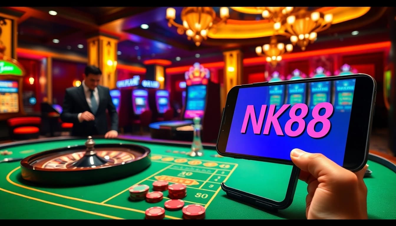 NK88 online casino with exciting gaming tables, slot machines, and professional dealers.