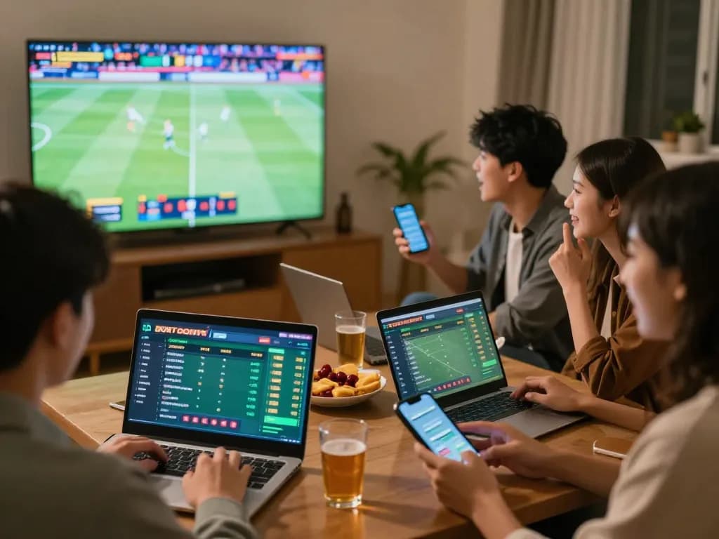 SC88 users engaging in real-time sports betting with laptops and smartphones in a cozy home setting
