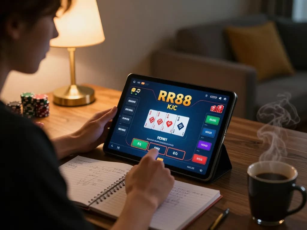 Engaging online poker setup displaying RR88 KJC with strategic notes and warm ambiance.
