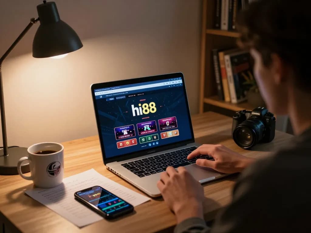 Person engaging with the hi88 online casino interface on a laptop, showcasing strategic gameplay.