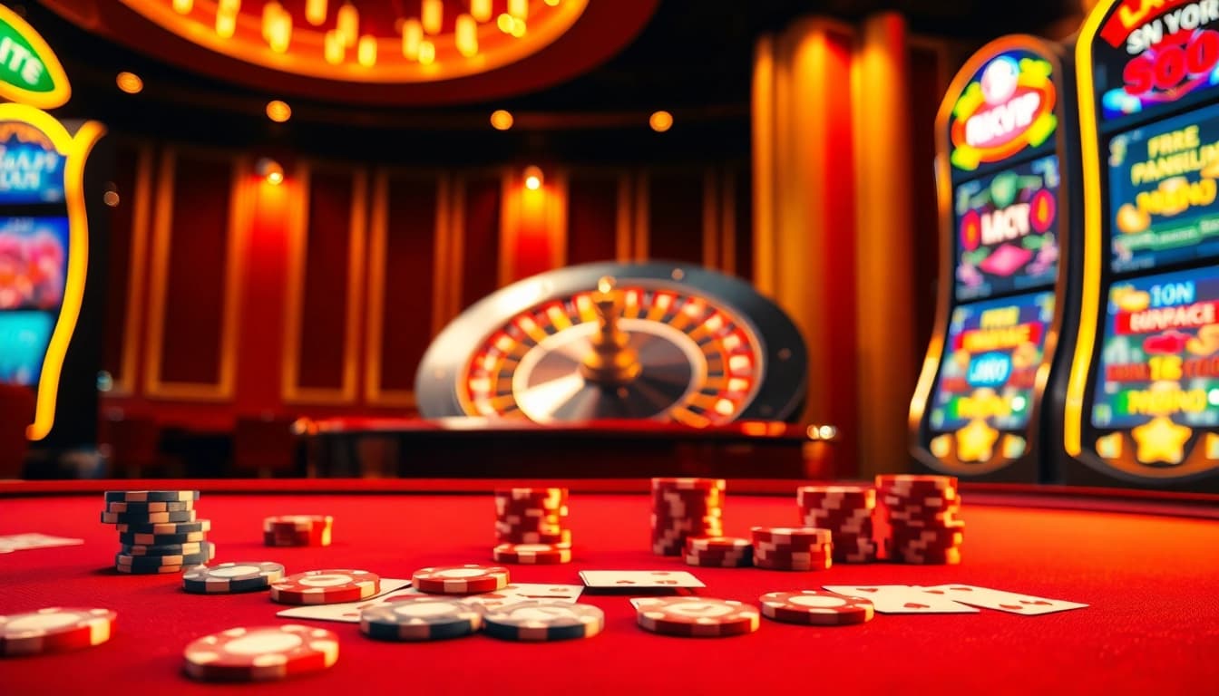 Experience the excitement of Rikvip with vibrant poker chips and a spinning roulette wheel.