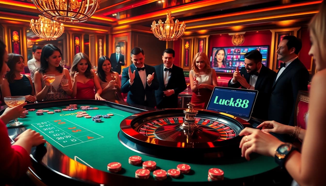 Experience the thrill of Luck88 with players engaging at a luxurious roulette table surrounded by excitement.