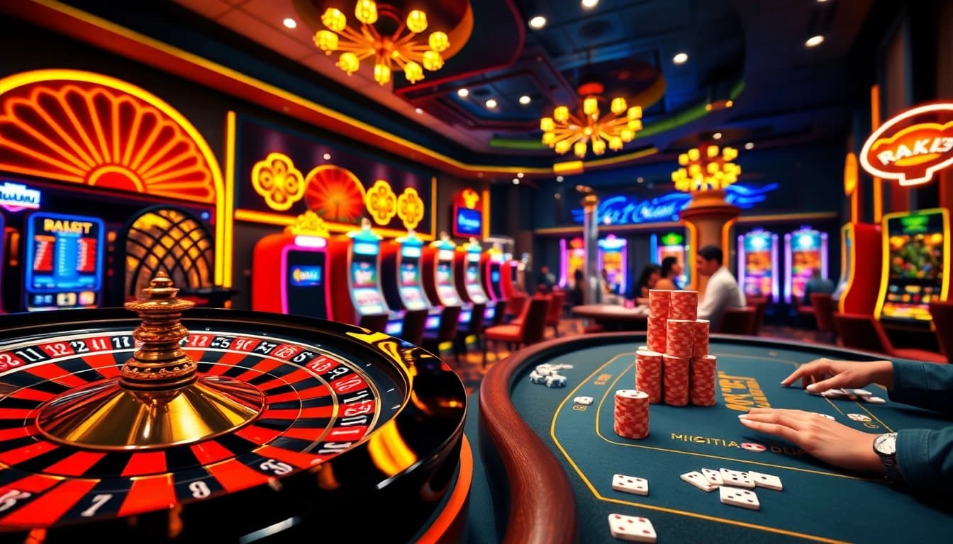 Experience the thrill of gambling with link rr88 at a vibrant casino table surrounded by colorful gaming elements.
