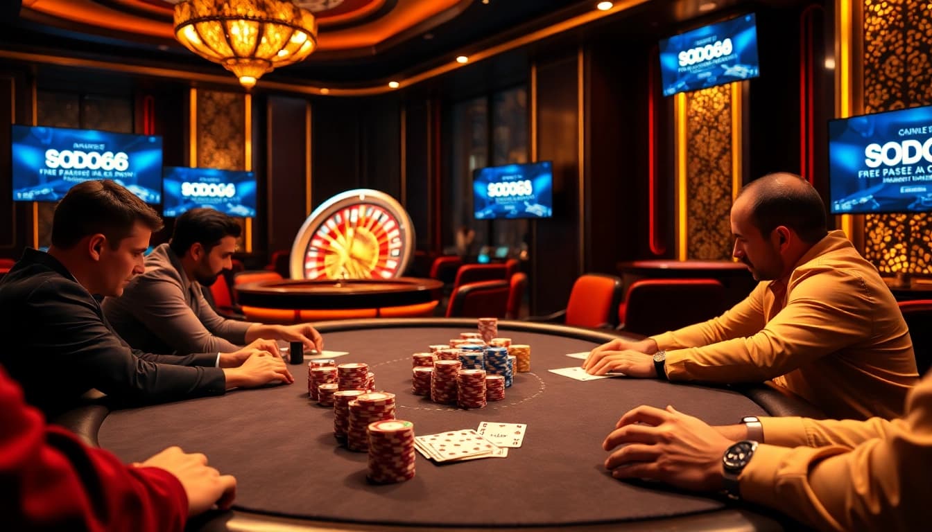 High-stakes poker action at SODO66 online casino with chips, cards, and roulette excitement.