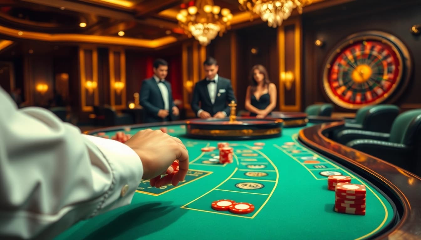 Engaged players betting on a decadent poker table scene from https://xin88ac.app/, showcasing luxury gambling.
