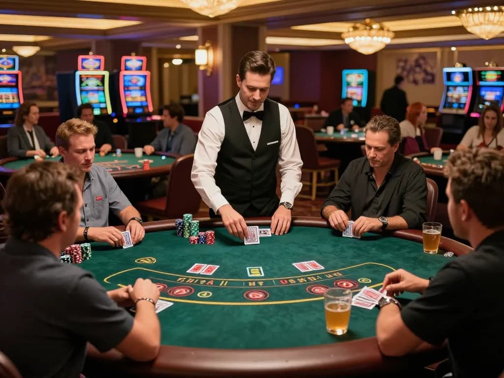 Players enjoying an intense game of blackjack at an upscale casino floor, showcasing tr88 action and excitement