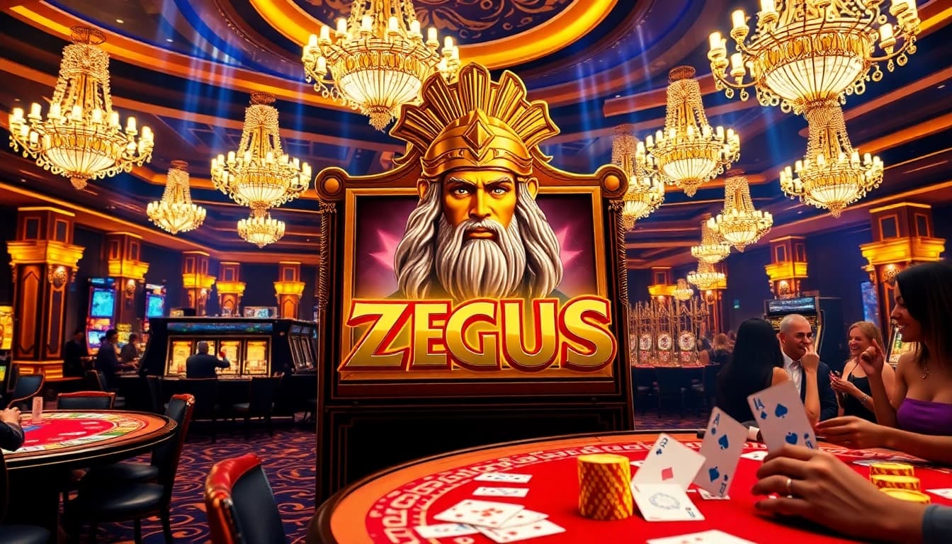 Pemain menikmati pengalaman mesin slot Zeus yang mendebarkan di lingkungan kasino yang semarak.
