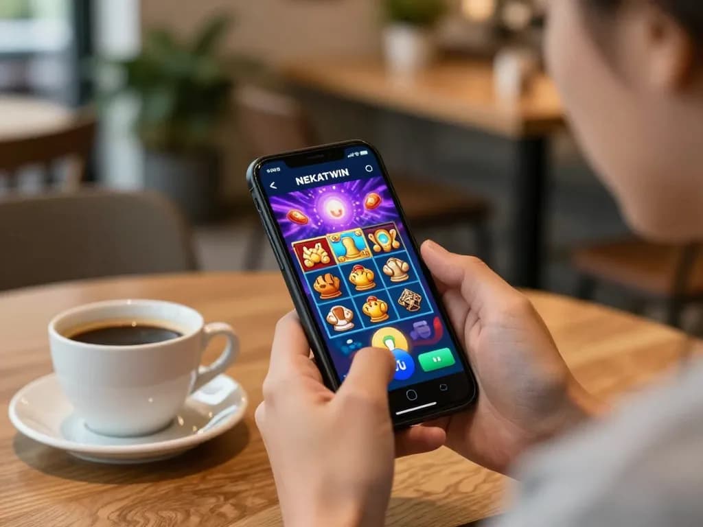 Engaged player on mobile gaming app for situs gacor nekatwin, capturing excitement during a spin.