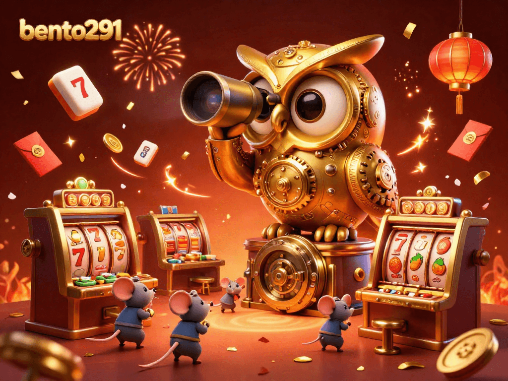 Bento291 showcases a vibrant casino scene with a golden owl, slot machines, and festive elements.