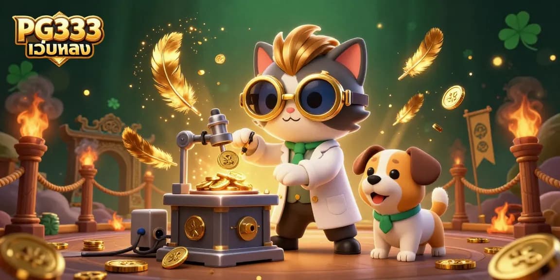 Experience thrilling action at PG333 เว็บตรง with a mad scientist cat and dog in a vibrant casino scene.