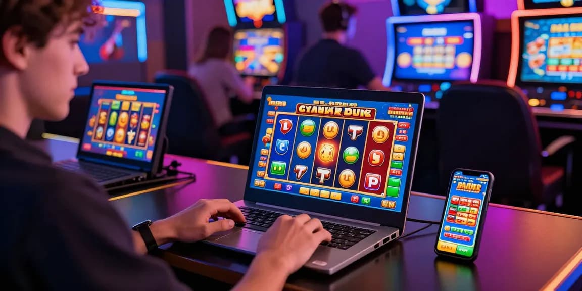 Exciting gaming atmosphere showcasing a player enjoying bonus buy slots on a laptop with vivid graphics and casino elements.