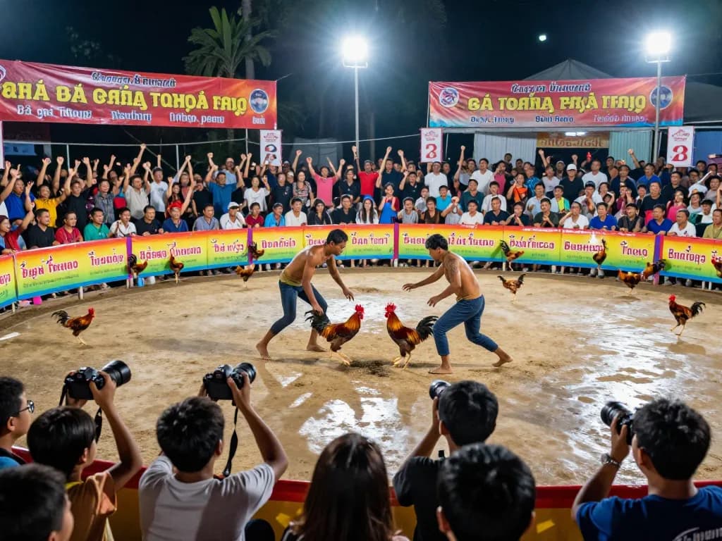 Exciting live rooster battles at Đá Gà Thomo, showcasing intense competition in a vibrant atmosphere.