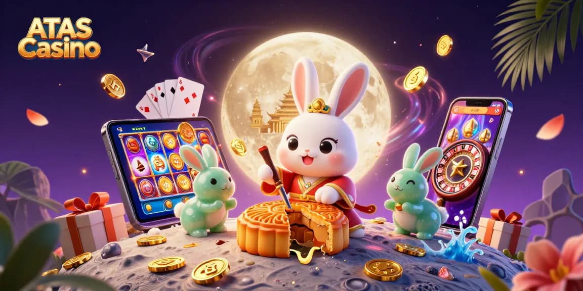 Engage with ATAS Casino's enchanting moonlit scene featuring a rabbit, gaming elements, and festive decor.