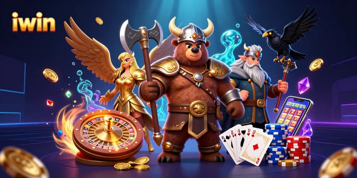 Win big with iwin in this vibrant 3D casino illustration featuring epic characters and game elements.