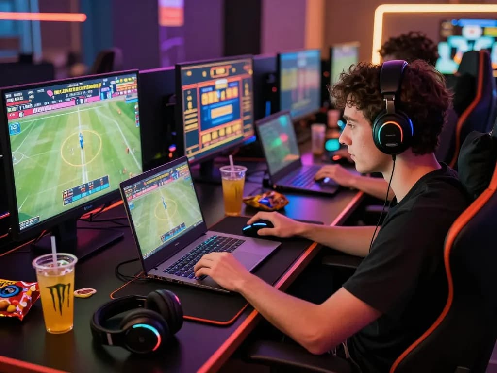 Exciting gaming setup showcasing Game 88aa with vibrant lights, multiple screens, and a focused player.