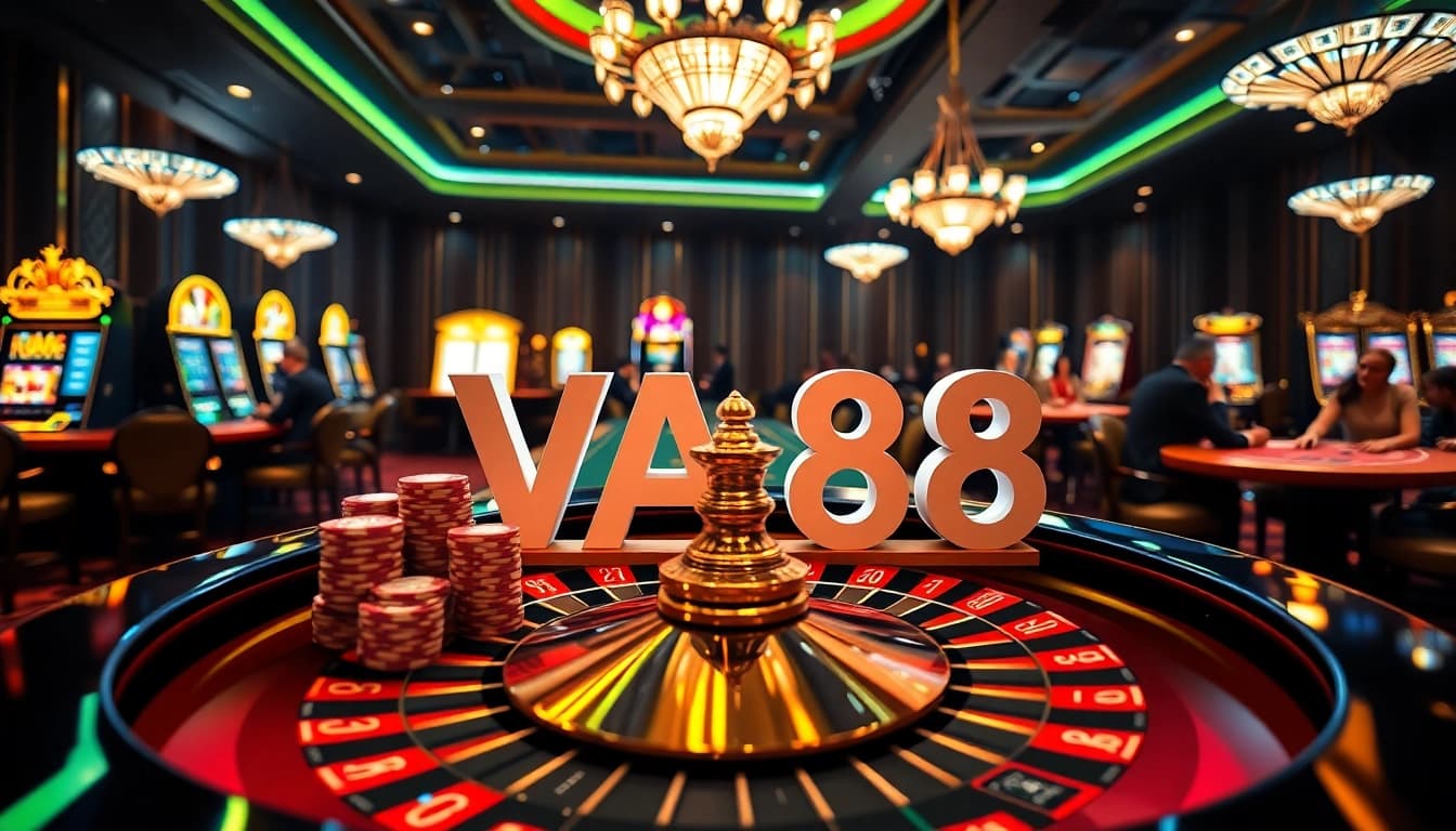 Casino scene with VA88 displayed on a roulette table, showcasing vibrant gaming excitement.