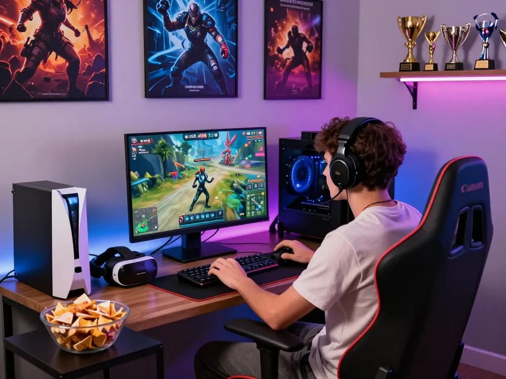 Engaging scene of a gamer immersed in Game af88 with vibrant decor and advanced gaming setup.