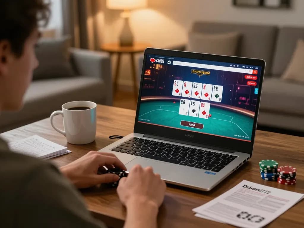 Engaged player enjoying Canada online casinos on laptop during a cozy home gaming session.