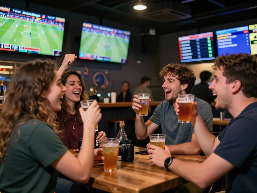 Tip88 players cheering at a vibrant sports bar while enjoying live betting.