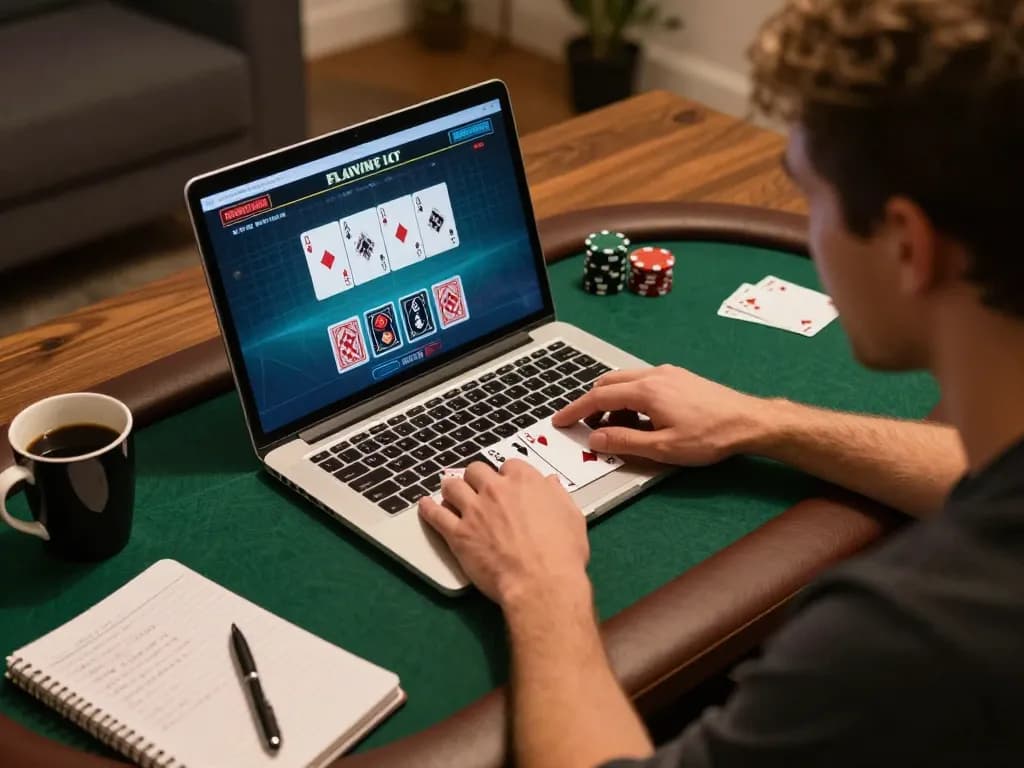 Player engaged in an LV88 online poker game with strategic notes on the table.