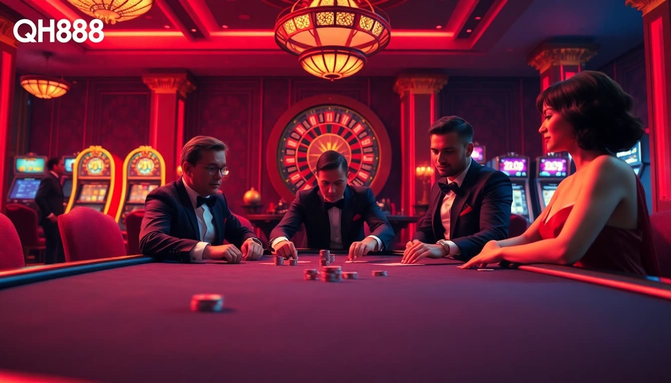 Experience high-stakes action with qh88 at an elegant poker table surrounded by vibrant casino elements.