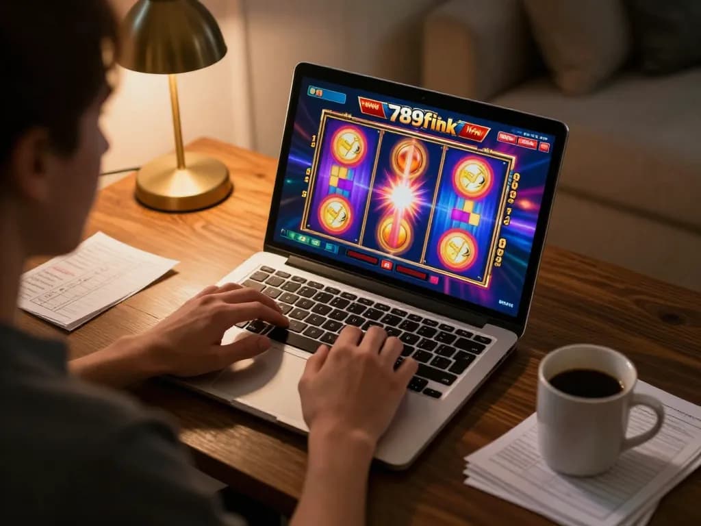 Engaging with exciting 789f ink slot games on a laptop, creating an inviting home atmosphere.