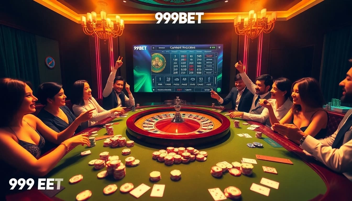 Engaging gamblers at a luxurious 999BET poker table with vibrant chips and cards.