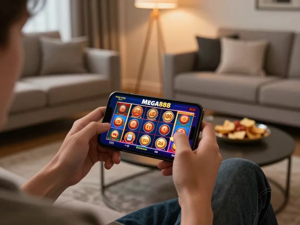 Mega888 online casino gameplay on a smartphone in a cozy home setting, showcasing a relaxed gaming environment.