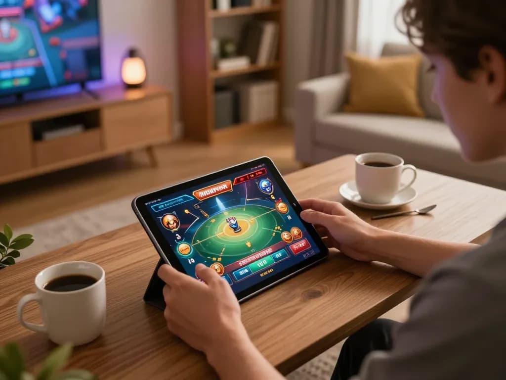 Engaged player using MK8 app on tablet in cozy home environment for online gambling.