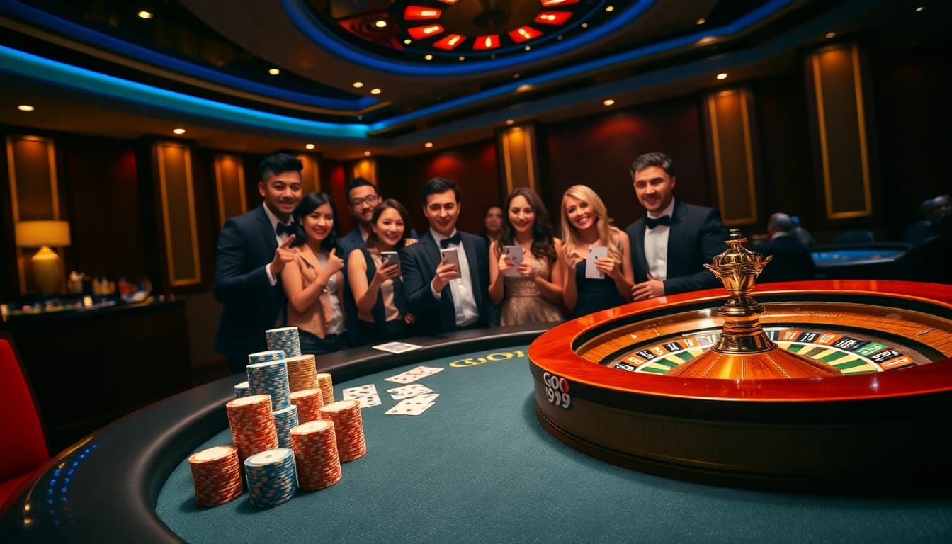 Winning players at Go 99 casino celebrate with chips and cards, embodying luxury and excitement.