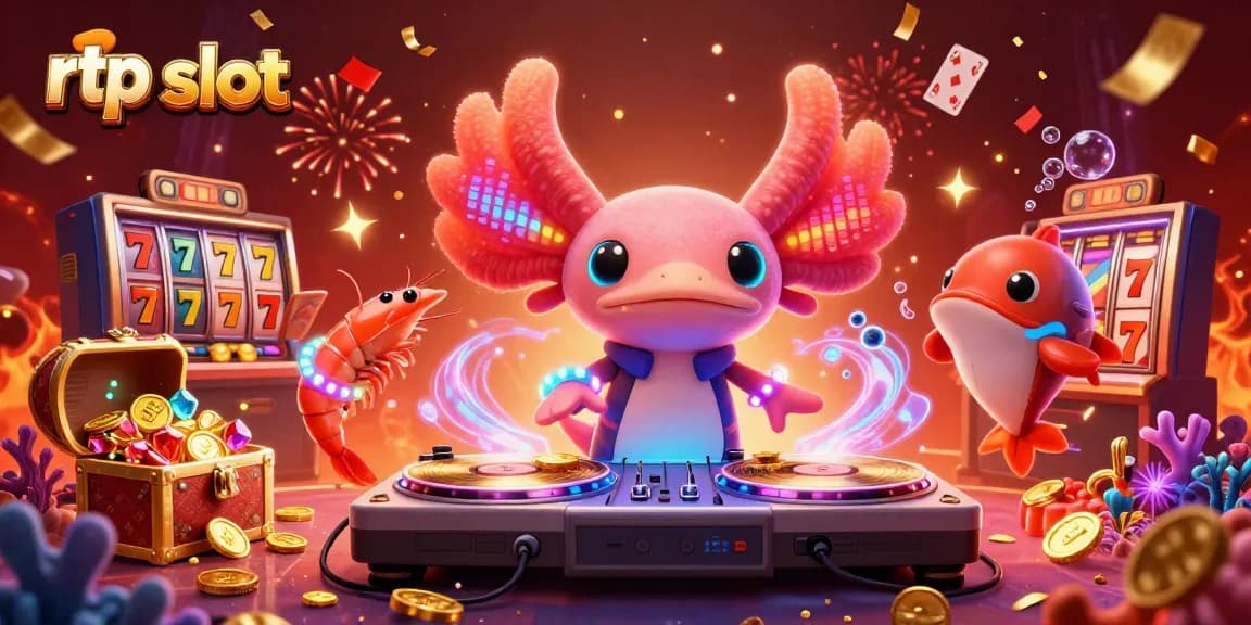 Spin to win with rtp slot as axolotl DJ and shrimp dancers create a vibrant casino scene.