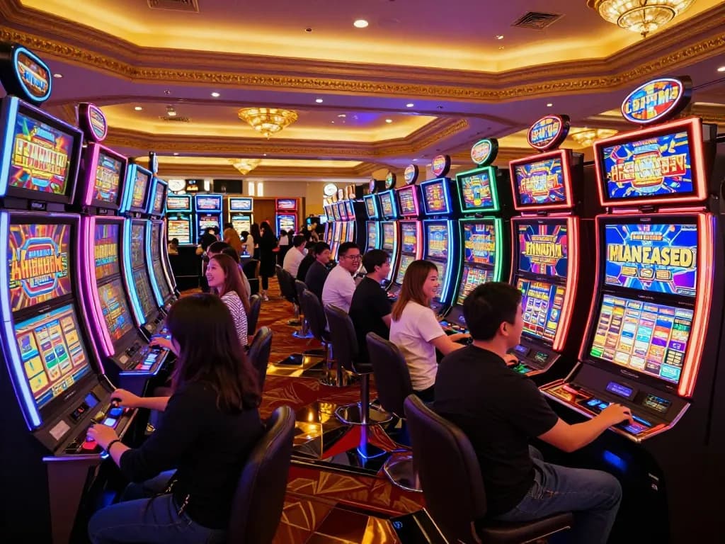 Engaging players enjoying slot pulsa games at colorful machines in a vibrant casino setting