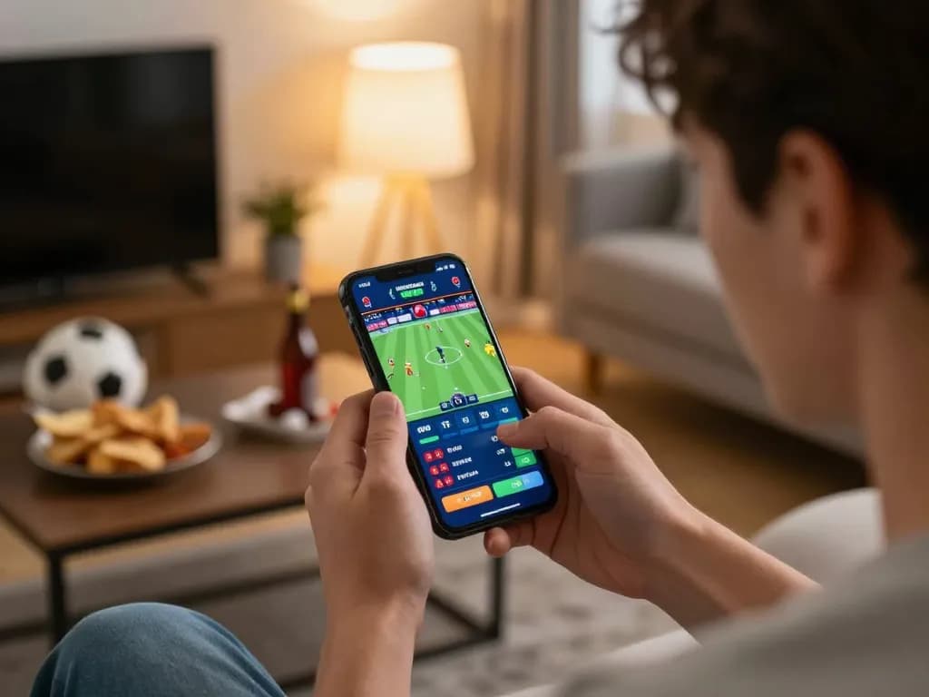 Player strategizing sports bets using F8BET app on smartphone in a cozy home environment