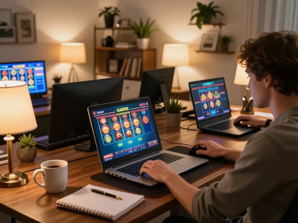 Engaging in fun God55 online gaming session with laptop and strategy notes