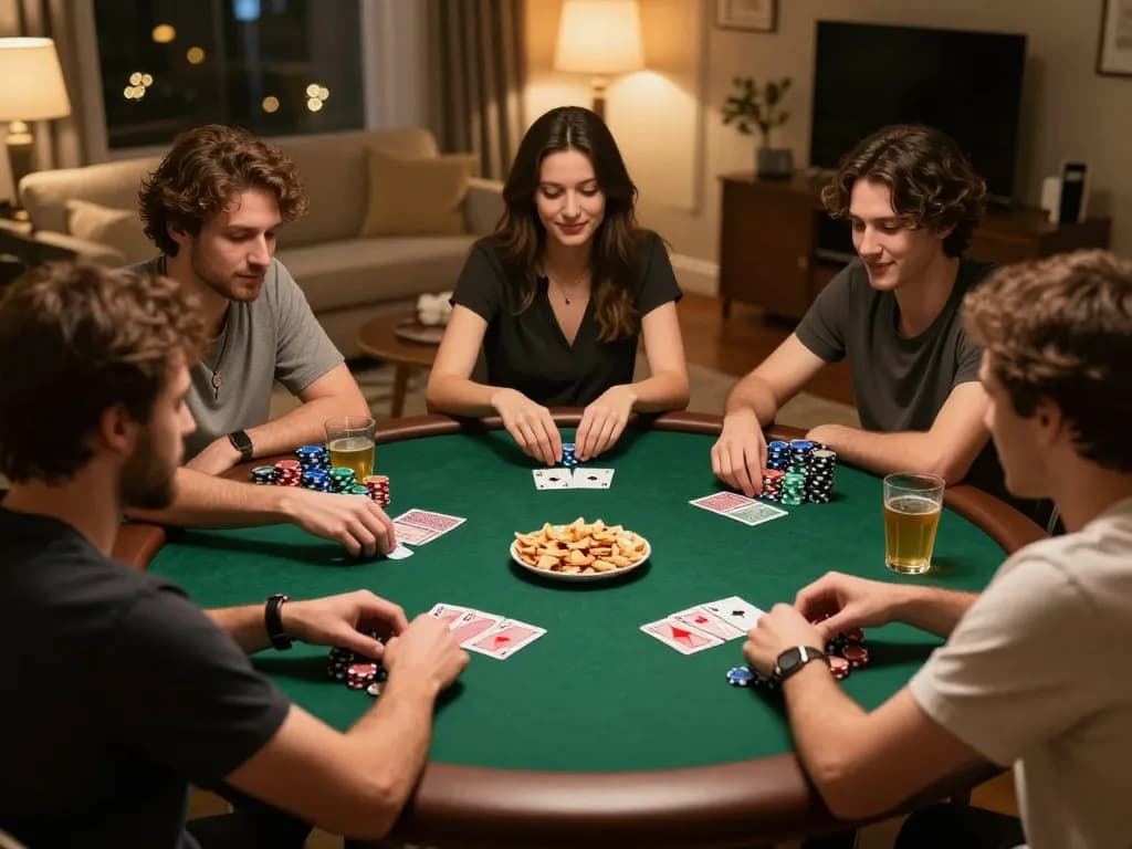 Engaging friends in a poker night while analyzing tỷ lệ cá cược bóng đá strategies with chips and cards.