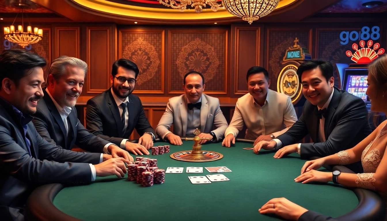 Exciting poker scene with go88 branding, highlighting players and luxurious casino elements.
