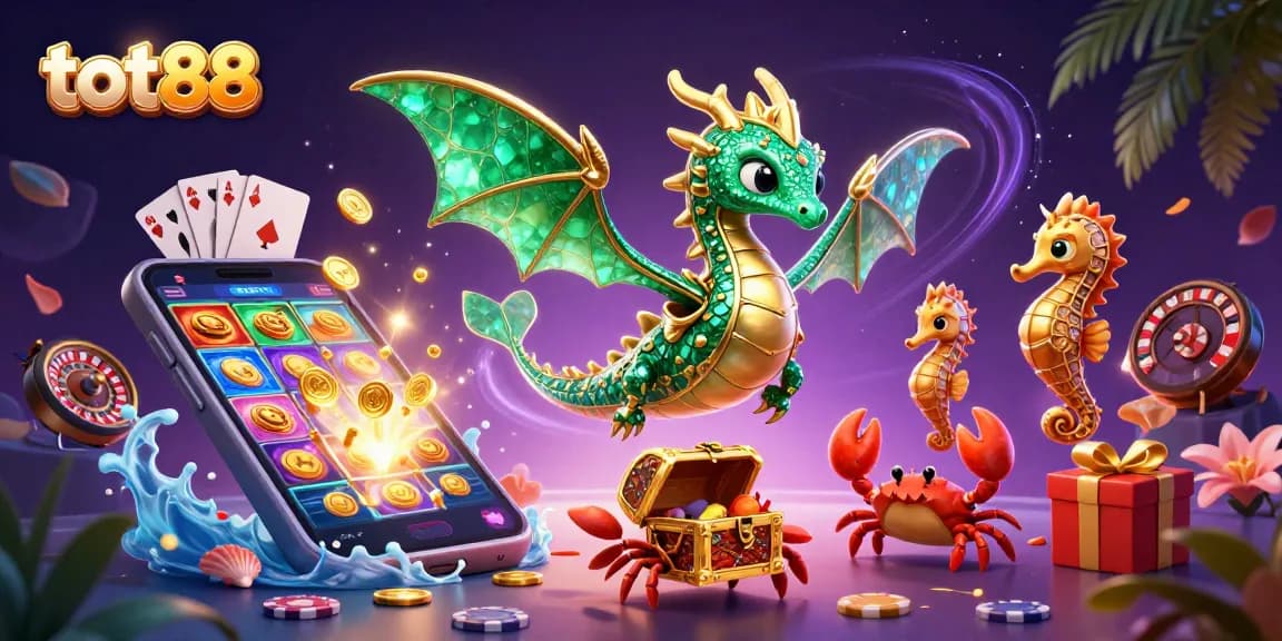 Engage in the vibrant tot88 casino scene showcasing slot games, treasure, and dynamic characters.