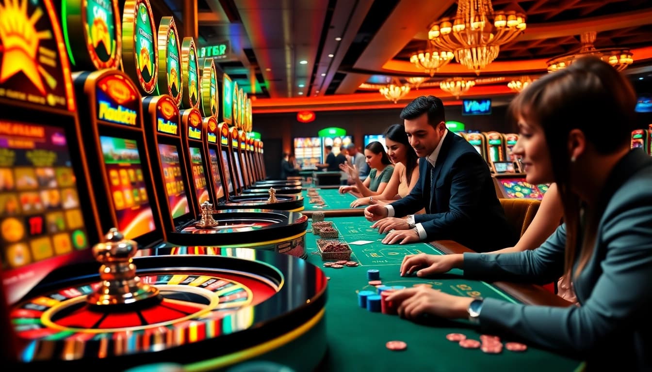 Players enjoying a thrilling moment at thabet casino, engaging with slot machines and poker tables.