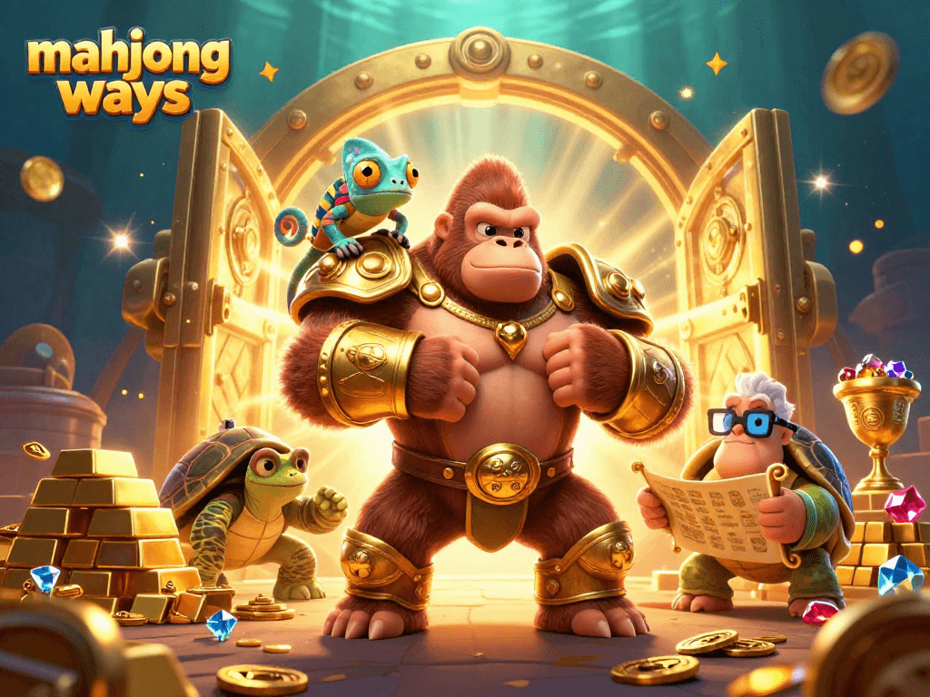 Join the action in mahjong ways with a vibrant, dynamic 3D illustration featuring casino characters and treasures.
