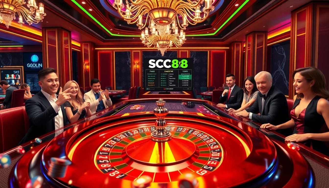Experience SC88 cá cược excitement with a vibrant casino scene, featuring roulette and eager players.