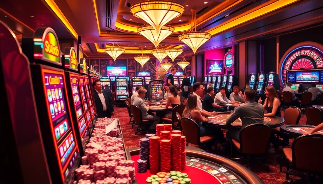 Rasakan sensasi permainan slot88 di kasino yang hidup dengan pemain yang bersemangat, chip berwarna-warni, dan mesin yang berkedip-kedip.