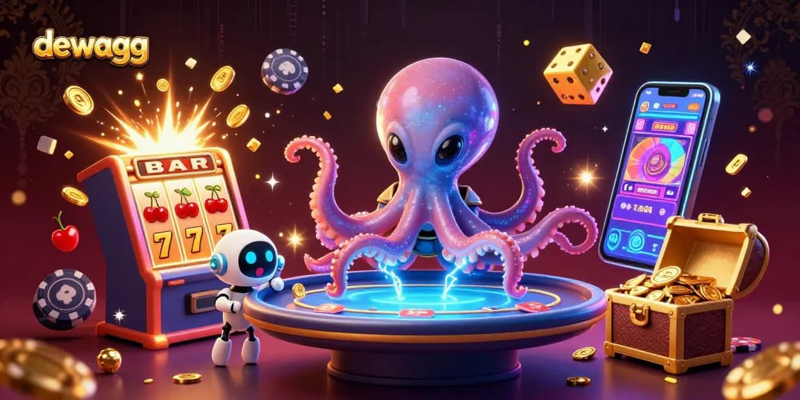 Dewagg showcases a lively casino scene with an alien octopus and robot at a poker table.