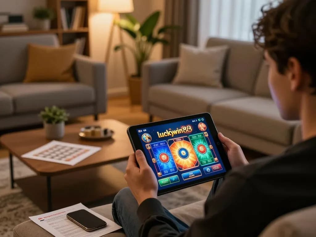 Engaged player using luckywin88 app on tablet, warm home gaming atmosphere