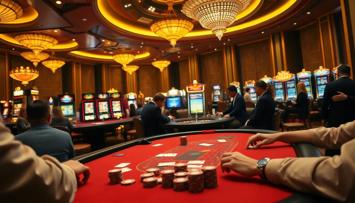 Experience the thrill of gaming at sa88 with glamorous casino visuals, including poker tables and spinning roulette.